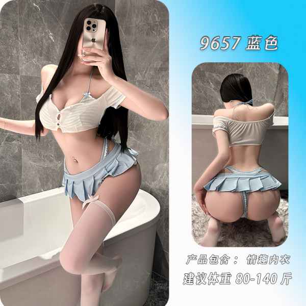 NightSiSexy Lingerie Set – Pure & Tempting Crop Top & Mini Pleated Skirt Outfit, Seductive Uniform Style - Blue [Top + Skirt + Underwear]
