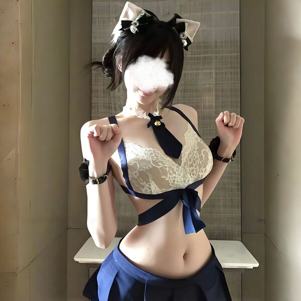 Kouni Sexy Lace Bodysuit with Skirt - Cute JK-Style Sleepwear Set, Removable Bra & Ultra-Short Skirt Outfit - Blue [Tie + Shirt + Skirt + T-shirt]