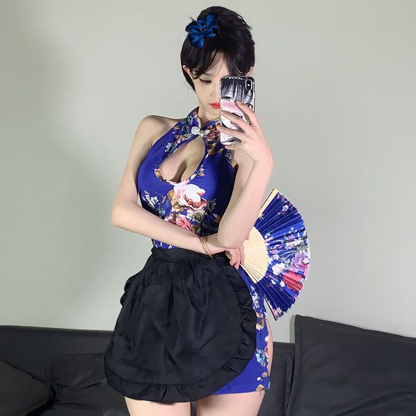 Soft Silk-Look Chinese Qipao Lingerie Set - Elegant & Sensual Traditional-Inspired Nightwear - Dark blue with white apron