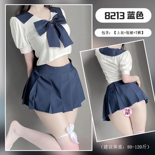 New Sexy Schoolgirl JK Uniform Set – Pure & Tempting Pleated Skirt, Sailor Outfit, Seductive Student Costume - Blue and white bow-tie ribbed stockings