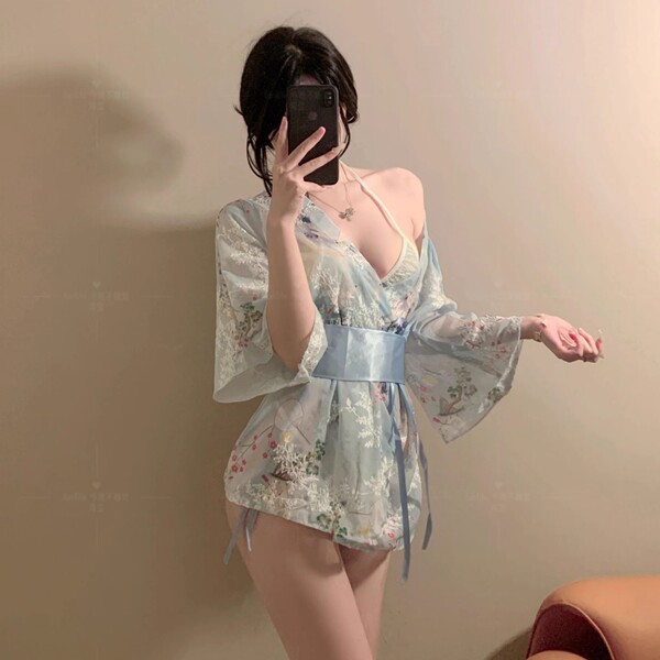 Japanese-Inspired Sensual Lingerie Set – Pure & Tempting Kimono-Style Sleepwear Outfit - Blue and white open-crotch socks