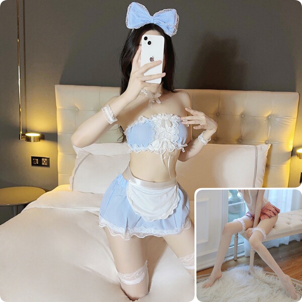 Cute Maid Costume Lingerie Set - Sexy Cosplay Sleepwear for Small Bust, Schoolgirl & Housemaid Fantasy Outfit - Blue suit + white open-crotch socks