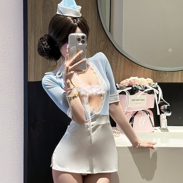 Sexy Lace Bodysuit & Skirt Set - Deep V-Neck Secretary Style Sleepwear, Pure Temptation Outfit for Women - Blue and White Secretary Set