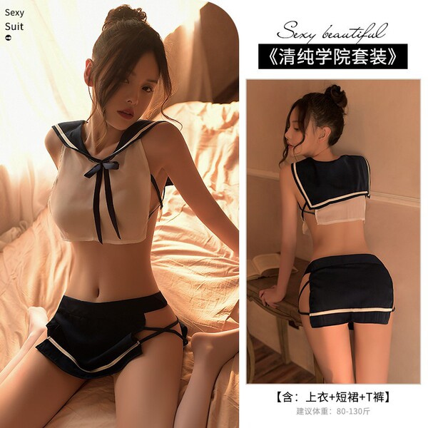 Pure & Seductive JK Uniform Set – Lace Trimmed Camisole Dress, Sheer Stockings & Matching Nightwear Ensemble - Blue and white outfit (top + skirt + T-shirt)