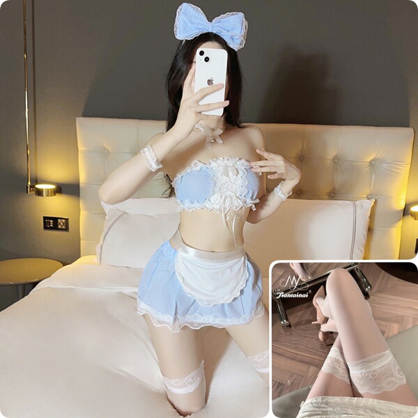 Cute Maid Costume Lingerie Set - Sexy Cosplay Sleepwear for Small Bust, Schoolgirl & Housemaid Fantasy Outfit - Blue suit + white stockings + flirtatious arm warmers