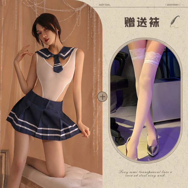 Qiaozhiqing Seductive Modest Lingerie Set - Two-in-One Schoolgirl JK Dress with Matching Handcuff Accessories - Blue and white stockings