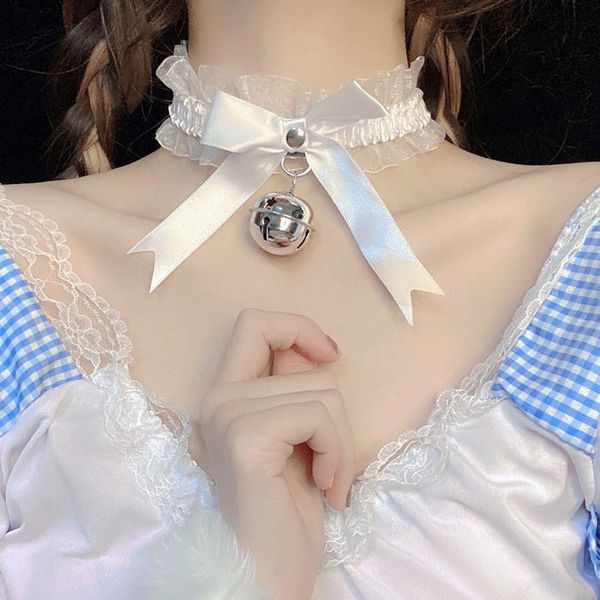 Japanese-Style Cute Lingerie Set with Bow, Lace & Jingle Bell Collar for Women - Bow and Bell Choker - White