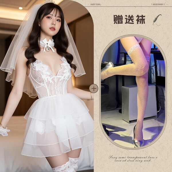 Lace Mesh Sheer Deep V Bodysuit for Women – Sexy Low-Cut Hollow Erotic Sleepwear & Lingerie Set - Bridal gown + white fishnet stockings