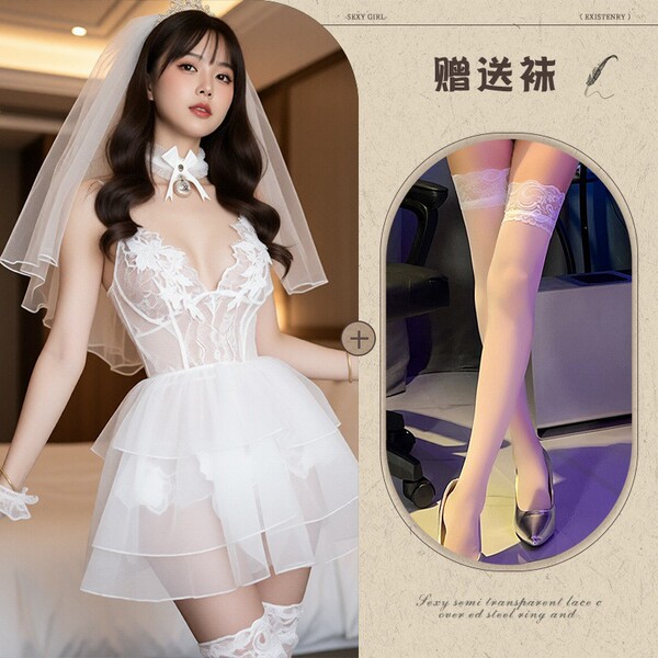 Lace Mesh Sheer Deep V Bodysuit for Women – Sexy Low-Cut Hollow Erotic Sleepwear & Lingerie Set - Bridal gown + white stockings