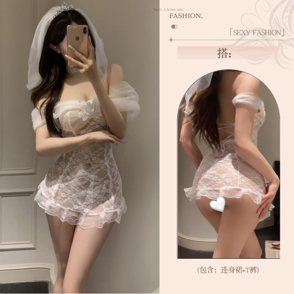 Pure & Playful Lingerie Set - Sexy Sheer Bridal Sleepwear for Women, Romantic Bridal Nightwear with Sweet Temptation Sty - Bride's [dress + headdress + white stockings]