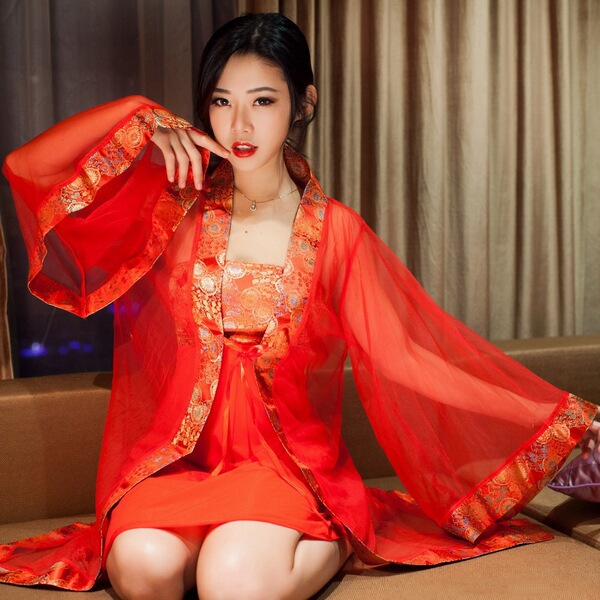 Chinese Traditional Doudou Lingerie - Sheer Chiffon Vintage Erotic Sleepwear, Retro No-Remove Uniform - Bridal Outfit [Jacket + Bandeau + Underwear]