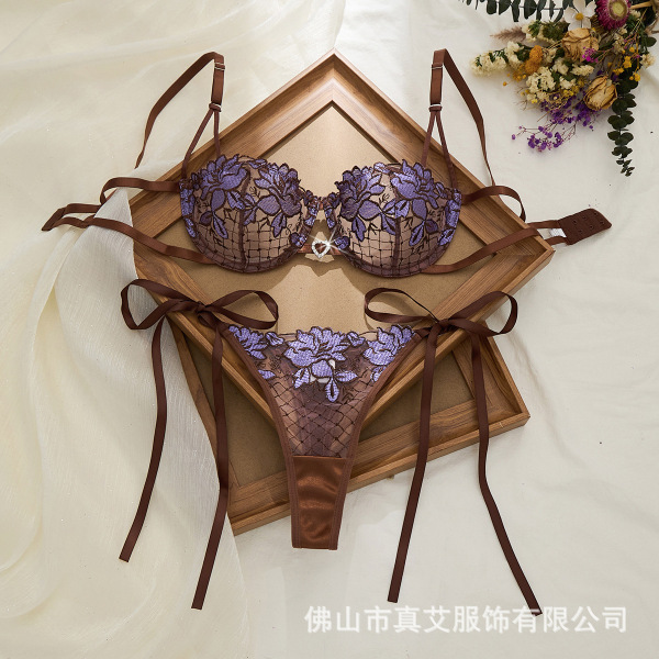 French Lace Sexy Lingerie Set - Sheer Mesh Bra & Thong with Underwire & Ties - coffee brown