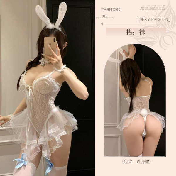 Pure & Playful Lingerie Set - Sheer Bunny Girl Erotic Sleepwear for Women, Sexy Transparent Intimate Outfit - Bunny Girl [skirt + headpiece + neck ring + bracelet] + black open-crotch stockings