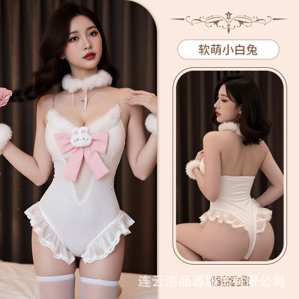 Pure & Playful Lingerie Set - Seductive Maid-Themed Sleepwear for Romantic Nights - Bunny Girl [bodysuit + bracelet + neck ring + bow] + matching socks