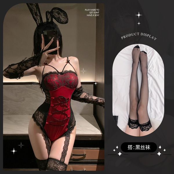 Lemon Story Sexy Lace Bodysuit - Open-Crotch Bunny Costume with Thong Back & Seductive Design - Bunny Girl + Stockings