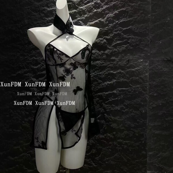 Vintage qipao-style sexy sleepwear for women, plus size, featuring butterfly embroidery lingerie set.