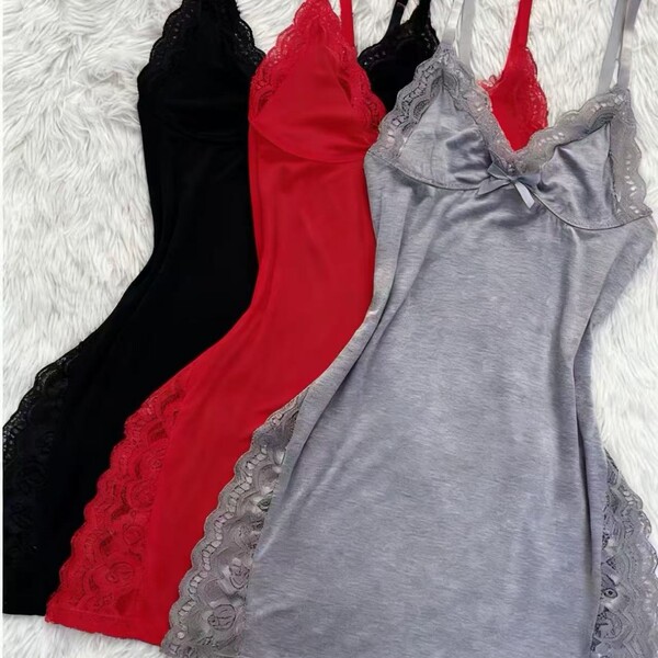 Three elegant cami sleep dresses in black, red, and gray with lace trim and butterfly knot detail.