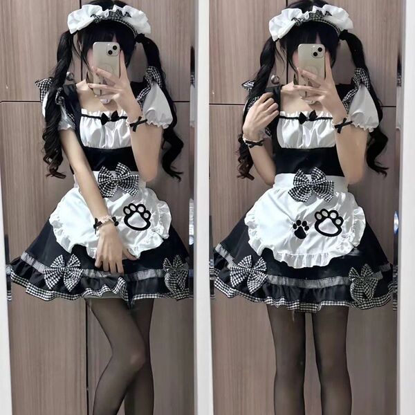 Maid Costume Cosplay Dress - Cute Cat Ear Lolita Outfit for Anime Girls & Soft Girl Aesthetic - Black kitten maid outfit + collar (head accessory included)