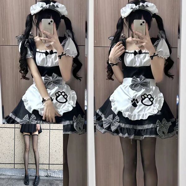 Maid Costume Cosplay Dress - Cute Cat Ear Lolita Outfit for Anime Girls & Soft Girl Aesthetic - Kitten Black Maid + Collar + Black Stockings (Headpiece Included)