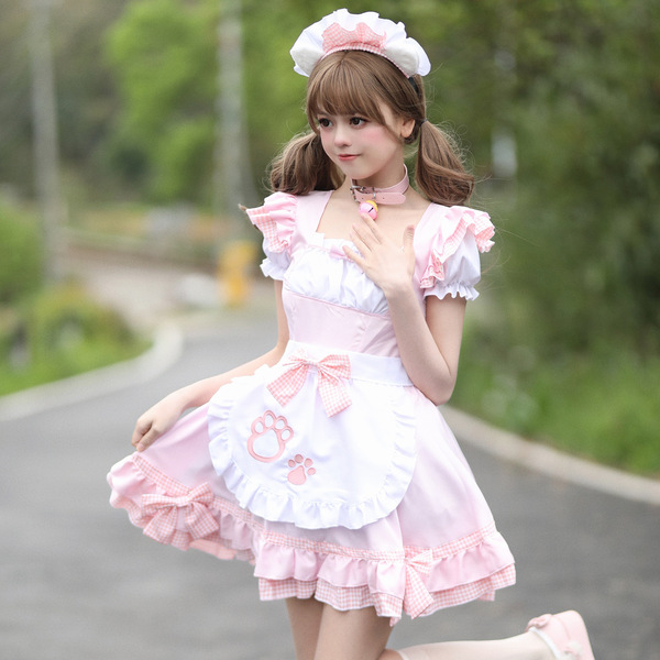 A stylish maid outfit featuring a pink dress with ruffles, a white apron adorned with paw prints, and a matching headband, pe...