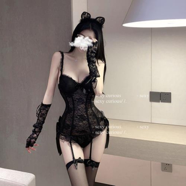 Seductive Lace Lingerie Set with Sheer Mesh Bodysuit & Garter Stockings for Women - Catwoman bodysuit + headband