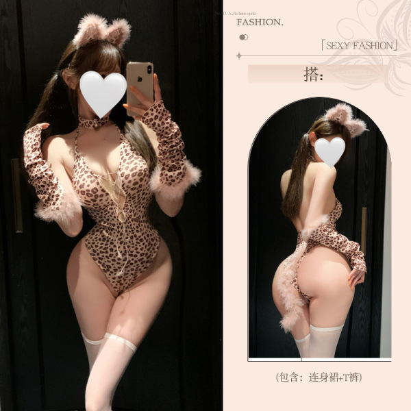 Seductive Leopard Print Lingerie Set – Pure & Tempting Sexy Women's Intimate Apparel, High-End Allure Collection - Catwoman [bodysuit + headdress + sleeves + neck warmer] + white open-crotch stockings
