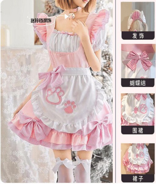 Japanese Maid Costume Dress - Long Sleeve Cute Lolita Student Outfit, Sexy-Cute Cosplay Dress for Women - Catgirl pink dress + apron + headdress + 3 bows + bell necklace