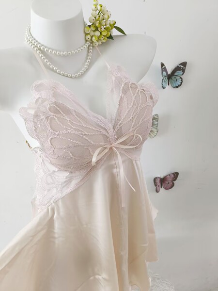 Women's Summer Ice Silk Sleep Dress with Bow & Backless Cutout - Sexy Lounge Set - Champagne-colored bathrobe