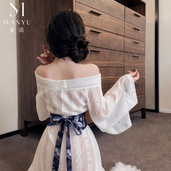 Off-shoulder hanfu robe with intricate patterns and elegant design, perfect for traditional chinese attire.