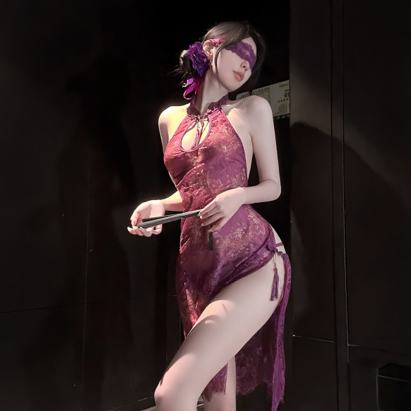 Woman wearing purple lace cheongsam style lingerie with high slit, holding fan, blindfolded, elegant and alluring look.