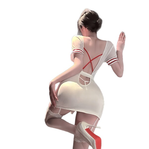 Woman in white nurse costume with red accents, featuring a short dress and thigh-high stockings.