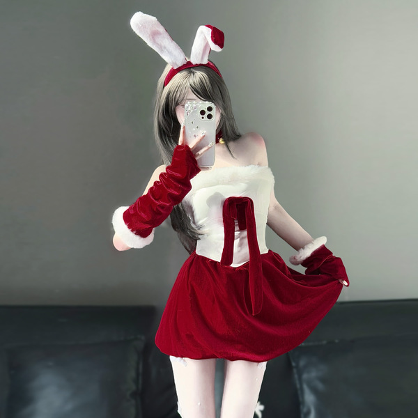 Sexy christmas bunny girl costume set - seductive lingerie outfit with bow, holiday party wear