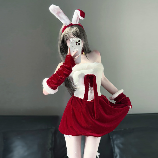 Sexy gold velvet christmas outfit featuring bunny ears and gloves, perfect for festive role play.