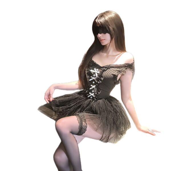 Elegant black chaomu puff skirt lingerie set with lace detailing and sheer fabric, exuding seductive charm.