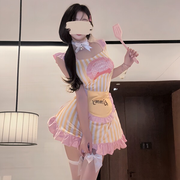 A stylish maid costume set featuring a charming chef-themed design with a striped dress, apron, and playful accessories, perf...
