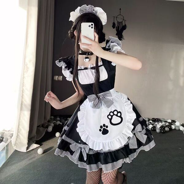Cute Maid Costume Dress with Cat Ears - Plus Size Lolita Cosplay Outfit for Women - plaid pattern + black socks