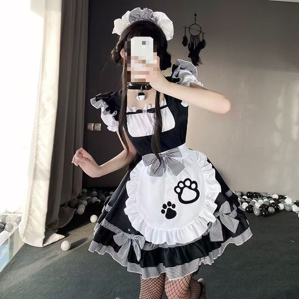 Cute Maid Dress with Cat Ears - Plus Size Lolita Style Maid Costume for Women - plaid pattern + black socks