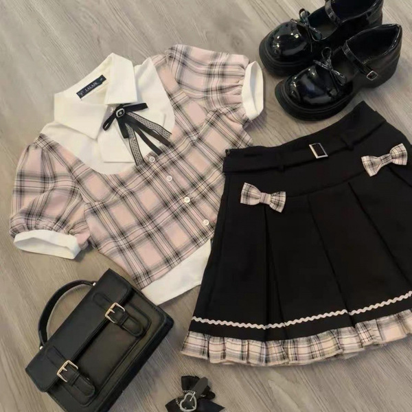 Girls Summer Short Sleeve Shirt & Pleated Skirt Set - Preppy School Style Outfit for Toddlers & Kids - Plaid bow-trimmed short-sleeved shirt + plaid patchwork skirt