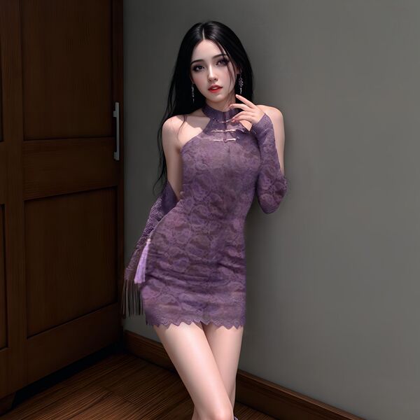 Qing Ran Sensual Off-Shoulder Cheongsam - New Chinese Style Lace Bodycon Purple Wrap Dress with Frog Buttons - Cheongsam + Shawl
