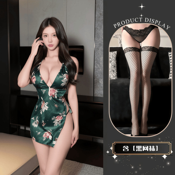 QQNY Pure Allure Sleepwear Set – Elegant Sensual Lingerie for Women, Luxury Bedroom Wear - Cheongsam nightgown + black fishnet stockings