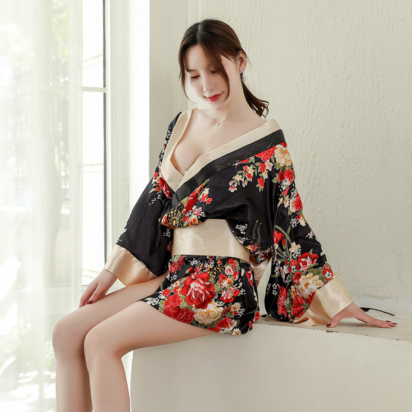 Cherry blossom kimono lingerie set - seductive role play bathrobe outfit for women, featuring floral design and elegant fabri...