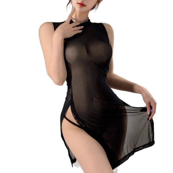 Sexy high-slit mesh sheer nightwear bodysuit, elegant chinese cheongsam design, perfect for women seeking allure and sophisti...