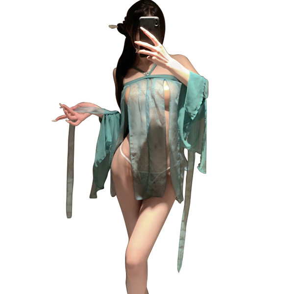 Chinese-inspired sensual lingerie set featuring sheer hanfu-style mesh crop dress with matching bralette, perfect for elegant...