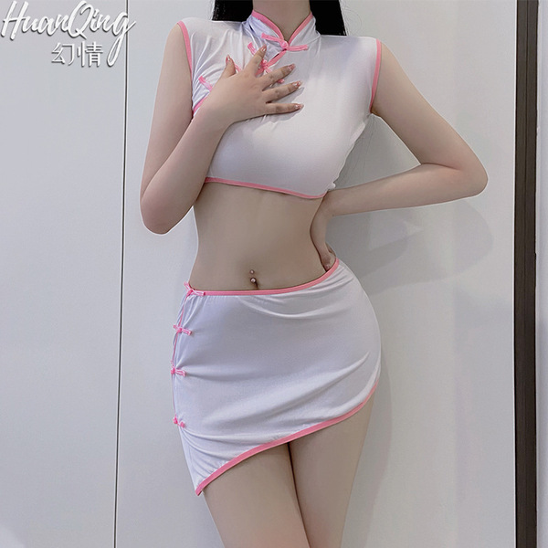 A woman models a chinese-style sexy lingerie set featuring a transparent lace flagpole costume with erotic cut-outs and vinta...