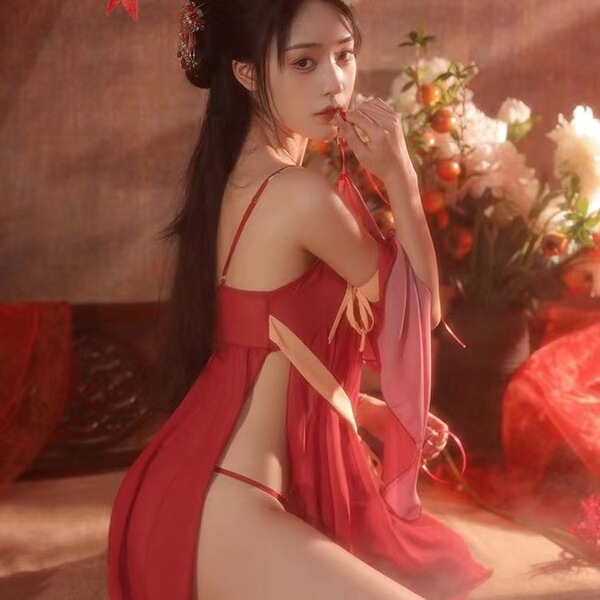Elegant red silk sleep gown inspired by chinese tang dynasty, featuring sheer fabric and belly dance style design, perfect fo...