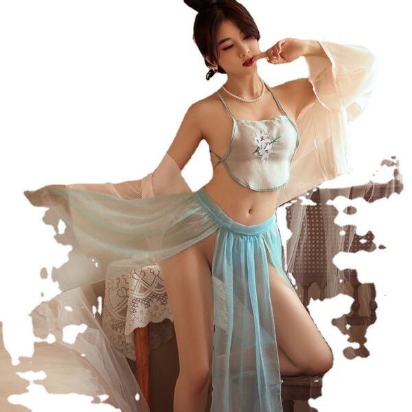 A woman poses elegantly in a sheer chiffon sleepwear set, featuring delicate floral embroidery and flowing fabric, embodying ...
