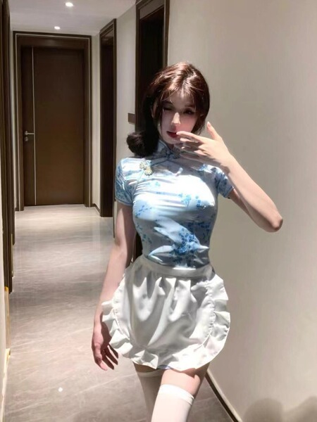 Chinese-Style Qipao Lingerie Set - Seductive Open-Crotch Costume for Role Play & Intimate Moments - Chinese style blue + thong + apron + matching socks