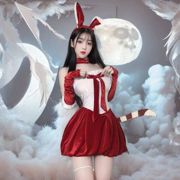 Sexy naughty role play lingerie dress with bunny ears and tail, perfect for new year eve outfits and cosplay ensembles.