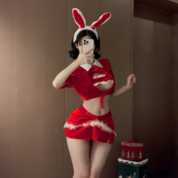 Glowing Cloud Christmas Lingerie Robe - Velvet Pure & Alluring Sleep Dress for Role Play & Holiday Cosplay - 4292 Christmas Outfit [Headband + Top + Skirt + T-shirt]