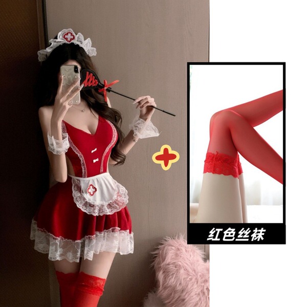 New Year Costume Sexy Maid Lingerie - Open-Crotch Sleep Dress for Role Play & Holiday Fun - Christmas maid outfit + red stockings
